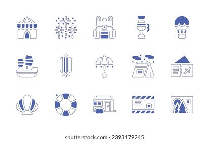 Holiday icon set. Duotone style line stroke and bold. Vector illustration. Containing tent, sail boat, shell, backpack, cocktail, umbrella, caravan, postcard, fireworks, chinese lantern, floater, hot.