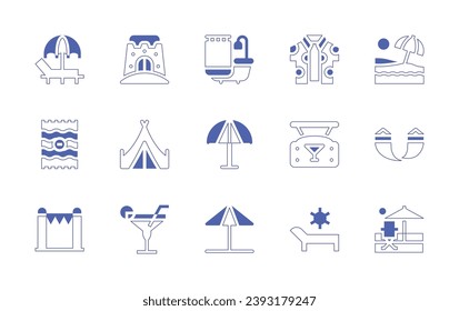Holiday icon set. Duotone style line stroke and bold. Vector illustration. Containing bathtub, shirt, umbrella, bar, sun umbrella, sun, sunbed, beach, beach towel, hammock, gate, sand castle, tent.