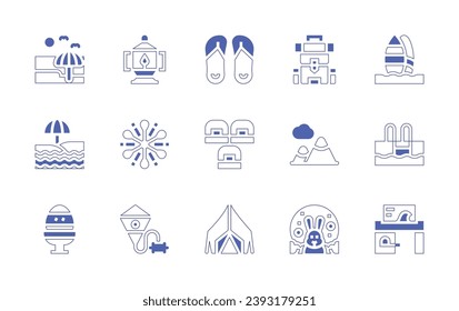 Holiday icon set. Duotone style line stroke and bold. Vector illustration. Containing beach, easter egg, flip flops, backpack, capsule hotel, tent, rabbit, hiking, oil lamp, firework, kite, surfboard.