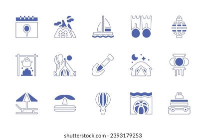 Holiday icon set. Duotone style line stroke and bold. Vector illustration. Containing lantern, chinese lantern, luggage, mountains, sailing boat, camp, shovel, swimming pool, air balloon, calendar.
