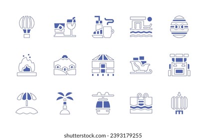 Holiday icon set. Duotone style line stroke and bold. Vector illustration. Containing easter egg, backpack, chinese lantern, cocktails, breakfast, mountain, yurt, island, cable car cabin, hot air ball