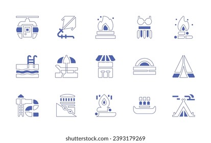 Holiday icon set. Duotone style line stroke and bold. Vector illustration. Containing cable car, kite, swimming pool, beach, aquapark, funicular, hawaiian, sunset, tent, boat, bonfire, bar.