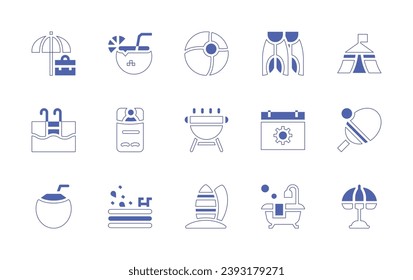 Holiday icon set. Duotone style line stroke and bold. Vector illustration. Containing holidays, coconut drink, swimming pool, sleeping mat, inflatable pool, flippers, tent, summer, ping pong, bathtub.