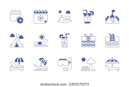 Holiday icon set. Duotone style line stroke and bold. Vector illustration. Containing schedule, calendar, camping tent, sunbed, sun umbrella, holidays, bar, hiking, pool, rest area, lounger, picnic.