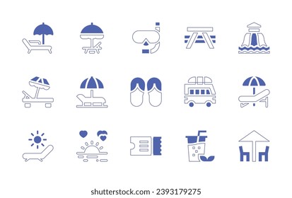 Holiday icon set. Duotone style line stroke and bold. Vector illustration. Containing sunbed, sun umbrella, sunset, picnic table, aqua park, camper, deck chair, ice tea, deck, diving mask, sandals.
