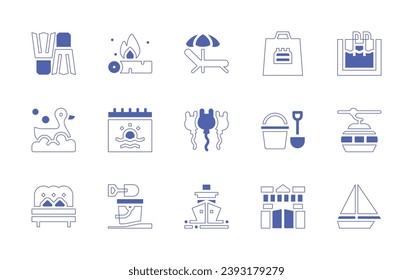 Holiday icon set. Duotone style line stroke and bold. Vector illustration. Containing sunbed, gift bag, balloons, bucket, ship, water park, fins, swimming pool, rubber duck, cable car, double bed.