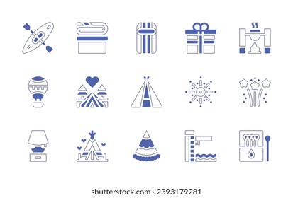 Holiday icon set. Duotone style line stroke and bold. Vector illustration. Containing inflatable, gift, marquee, fireworks, party hat, trampoline, kayak, pot on fire, hot air balloon, lamp, matches.