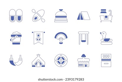 Holiday icon set. Duotone style line stroke and bold. Vector illustration. Containing reception, tent, fan, swings, dartboard, shop, slippers, bathtub, sand bucket, rubber duck, hammock, matches, cano