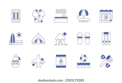 Holiday icon set. Duotone style line stroke and bold. Vector illustration. Containing front desk, hammock, cabin, slippers, matchbox, beach ball, beach towel, summer, surf board, air mattress, canteen