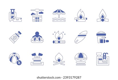 Holiday icon set. Duotone style line stroke and bold. Vector illustration. Containing  beach, fire, campfire, surfboard, bonfire, sun umbrella, sun cream, sand bucket, beach ball, swimming pool.