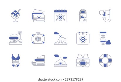 Holiday icon set. Duotone style line stroke and bold. Vector illustration. Containing summertime, sleeping bag, camping, date, camping tent, life vest, sand bucket, sun cream, bikini, rubber ring.
