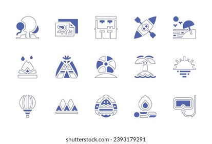 Conjunto de iconos de vacaciones. Curso de línea de estilo duotónico y negrita. Ilustración vectorial. Con canoa, playa, isla, amanecer, hoguera, buceo libre, árbol, mapa, wigwam, globo de aire caliente, camping, bar de playa, playa.