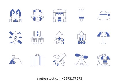 Holiday icon set. Duotone style line stroke and bold. Vector illustration. Containing tent, flower necklace, kayak, hammock, baggage, ice cream, pamela hat, bonfire, beach umbrella, canopy, campfire.