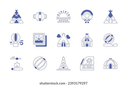 Holiday icon set. Duotone style line stroke and bold. Vector illustration. Containing tent, hot air balloon, marshmallow, sunset, christmas wreath, hut, eiffel tower, palm tree, float, picture, beach.