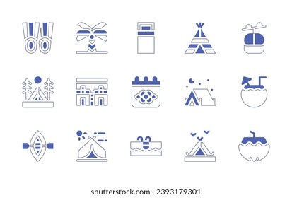 Holiday icon set. Duotone style line stroke and bold. Vector illustration. Containing kayak, tent, cable car cabin, coconut, camping tent, coconut drink, flippers, palm tree, motel, single bed, spring