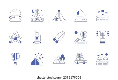 Holiday icon set. Duotone style line stroke and bold. Vector illustration. Containing sail boat, sea, hot air balloon, gas, car, beach, tree, camping tent, campfire, suitcase, tent, surfboard.