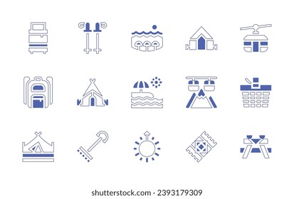 Holiday icon set. Duotone style line stroke and bold. Vector illustration. Containing suitcase, backpack, camping tent, beach, tent, cable car, sunrise, beach towel, hiking, fork, ski lift, picnic.