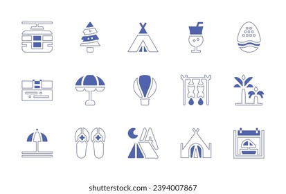 Holiday icon set. Duotone style line stroke and bold. Vector illustration. Containing easter egg, palm tree, sailing, christmas tree, teepee, beach umbrella, hot air balloon, sandals, camping tent.