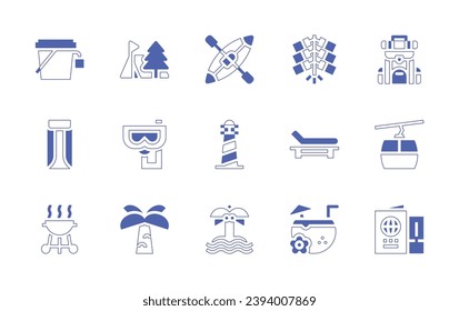 Holiday icon set. Duotone style line stroke and bold. Vector illustration. Containing backpack, cable car, passport, camping, canoe, snorkel, lighthouse, palm tree, island, bucket, floating bed, bbq.