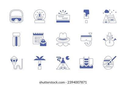 Holiday icon set. Duotone style line stroke and bold. Vector illustration. Containing tent, snowman, easter egg, snowball, sunset, suitcase, hat, palm tree, diving goggles, floating bed, kite.