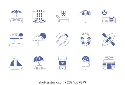 Holiday icon set. Duotone style line stroke and bold. Vector illustration. Containing beach, water park, sun umbrella, beach umbrella, sailing boat, necklace, canoe, popsicle, cable car, sunbathing.