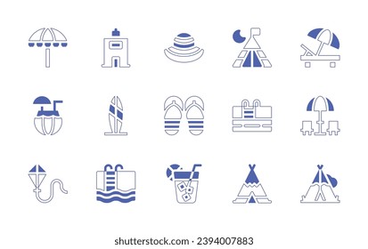 Holiday icon set. Duotone style line stroke and bold. Vector illustration. Containing sun umbrella, holiday, coconut drink, surfboard, kite, swimming pool, tent, sunbed, teepee, pamela hat, flip flops