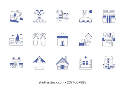 Conjunto de iconos de vacaciones. Curso de línea de estilo duotónico y negrita. Ilustración vectorial. Consta de funicular, mochila, isla, piscina, sandalias, tienda, paraguas, cabaña, foto, tabla de surf, cometas, voleibol playa