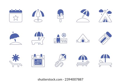 Holiday icon set. Duotone style line stroke and bold. Vector illustration. Containing calendar, beach umbrella, umbrella, sunbed, holidays, beach, tent, camping tent, air mattress, lounger, popsicle.