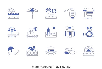 Holiday icon set. Duotone style line stroke and bold. Vector illustration. Containing beach, parasol, cruise, beach umbrella, swimming, chinese lantern, towel, backpack, regulator, pamela hat, cabin.