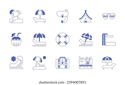 Holiday icon set. Duotone style line stroke and bold. Vector illustration. Containing vacation, deck chair, coconut drink, sunbed, camping tent, sun glasses, beach chair, trampoline, swimming pool.