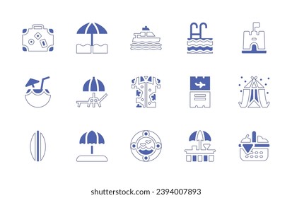 Holiday icon set. Duotone style line stroke and bold. Vector illustration. Containing travel bag, beach, cocktail drink, beach umbrella, surfboard, sun umbrella, swimming, sand castle, boarding pass.