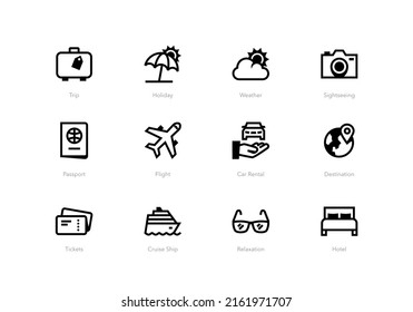 Holiday icon set isolated on light background. Contains such icons: Hotel, Flight, Destination, Cruise ship and more.