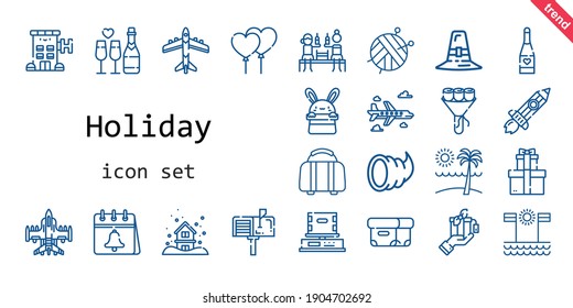 holiday icon set. line icon style. holiday related icons such as calendar, gift, rising, balloons, bouquet, snowing, box, pilgrim, ball, mailbox, luggage, beach, airplane, hotel