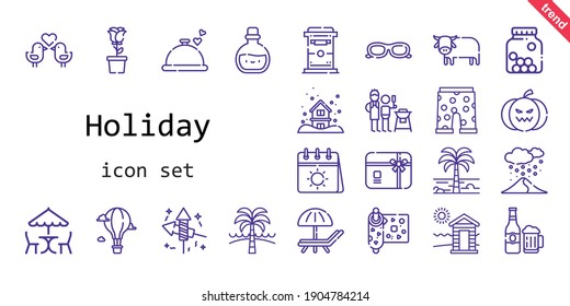 holiday icon set. line icon style. holiday related icons such as calendar, sunglasses, father and son, potion, gift card, ox, cabin, snowing, picnic, wrapping, fireworks, dinner, palm tree