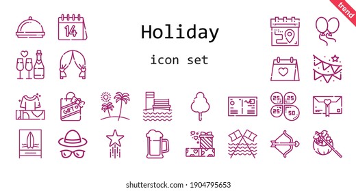 holiday icon set. line icon style. holiday related icons such as gift, calendar, cotton candy, garland, balloons, wedding day, petals, dinner, cupid, wedding arch, postcard, beach, champagne, hat