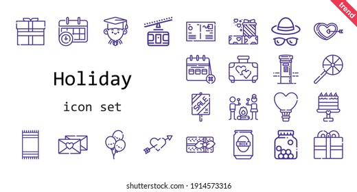 holiday icon set. line icon style. holiday related icons such as calendar, gift, suitcase, beach towel, balloons, cable car, lollipop, heart, smore, cupid, sale, hot air balloon, mailbox, postcard