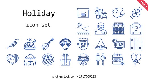 Holiday Icon Set. Line Icon Style. Holiday Related Icons Such As Frankenstein, Gift, Calendar, Father And Son, Woman, Balloons, Candy, Lollipop, Box, Picnic, Fireworks, Motel, Heart, Wedding Car