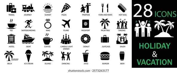 Holiday icon set. Showcasing intricately designed representations of  plane, passport, hotel, party, drink, date,  palm tree, travel, beach, sunset, island and more. Solid vector icons collection.