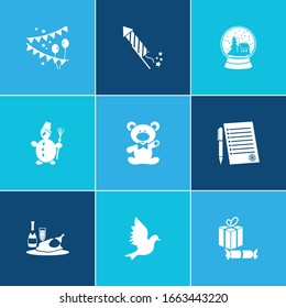 Holiday icon set and snowman with christmas diner, wish list and teddy bear. Soft toy related holiday icon vector for web UI logo design.