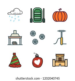 holiday icon set. vector set about bauble, inflatable boat, hat and fireplace icons set.