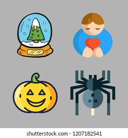 holiday icon set. vector set about pumpkin, hugh, snow globe and spider icons set.