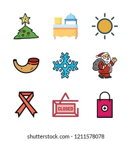 holiday icon set. vector set about catering, snowflake, shopping bag and christmas tree icons set.