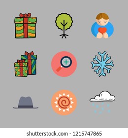 holiday icon set. vector set about gift, hugh, snowing and sun icons set.