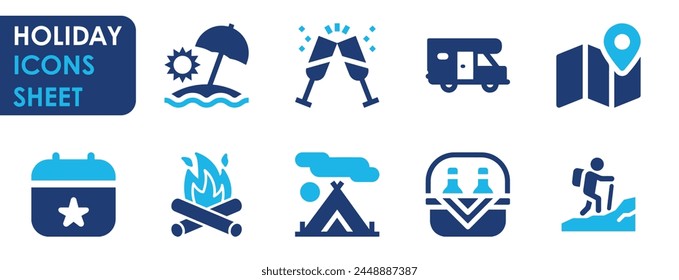 Holiday icon set. Vector illustration. Containing bonfire, jet ski, camping and so on. Travel, hiking and holiday celebration icons set.