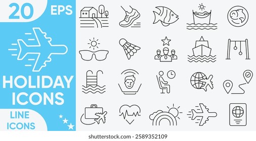 Holiday icon set.plane, passport, hotel, palm tree, travel, Football, Stadium, beach, Karaoke, maps, landscape, sunset, sun, swimming, sunscreen and more.Vector and illustrator set.