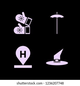 holiday icon. holiday vector icons set beach umbrella, hotel location, witch hat and mittens