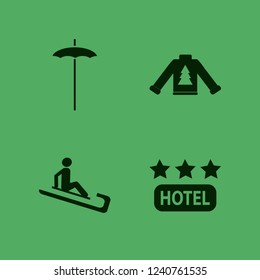 holiday icon. holiday vector icons set beach umbrella, man riding sleigh, sweater with christmas tree and hotel three stars