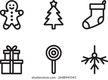 Holiday Iconography Collection A Festive Set of Christmas Symbols in Outline Style Featuring Classic Seasonal Elements for Design Projects