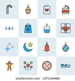 Holiday icons colored line set with cupcake, christmas tree toy, bauble and other sled elements. Isolated vector illustration holiday icons.