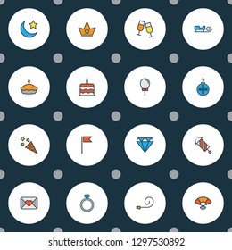 Holiday icons colored line set with fan, petard, helium and other confetti elements. Isolated vector illustration holiday icons.